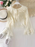 Ruffle Layered Blouse, Elegant Tie Front Long Flared Sleeve Blouse, Women's Clothing