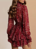 Floral Print High Neck Dress, Elegant Layered Ruffle Long Sleeve Dress, Women's Clothing