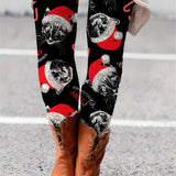 Plus Size Christmas Pants, Women's Plus Allover Print High Rise Medium Stretch Skinny Trousers