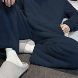 Men's Simple Style Solid Casual Pajamas Sets, Warm Flannel Lounge Wear, Long Sleeve Hoodies Pullover Top & Loose Pants