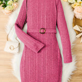 Teen Girls Rib Knitted Warm Bodycon Sweater Dress With Belt