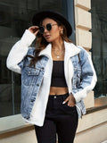 White & Blue Panel Denim Jackets, Furry Drop Shoulder Casual Fluffy Denim Coats, Women's Denim Clothing