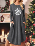 Women's Casual Long Sleeve Dress with Christmas Graphic Print & Pockets - Crew Neck, Mid-Length, Stretchy Polyester Blend for Fall/Winter, for Autumn