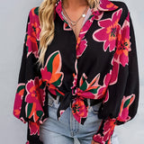 Plus Size Casual Blouse, Women's Plus Floral Print Button Up Lantern Sleeve Turn Down Collar Blouse