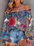 Paisley Print Off Shoulder Blouse, Casual Long Sleeve Blouse For Spring & Fall, Women's Clothing