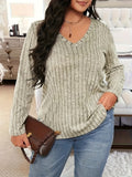 Plus Size Casual T-shirt, Women's Plus Ribbed Solid Long Sleeve V Neck Slight Stretch Top