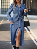 deanwangkt Blue Long Sleeves Denim Dress, Single Breasted Button With Waistband Lapel Denim Dress, Women's Denim Clothing