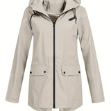 Solid Zip Up Drawstring Trench Coat, Casual Long Sleeve Hooded Jacket, Women's Clothing