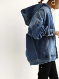 Long Sleeves Hooded Denim Jacket, Full Zipper With Front Pocket Denim Coat, Women's Clothing