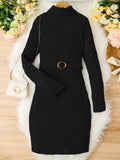 Teen Girls Rib Knitted Warm Bodycon Sweater Dress With Belt