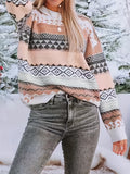 Color Block Graphic Print Crew Neck Pullover Sweater, Casual Long Sleeve Sweater For Fall & Winter, Women's Clothing