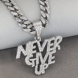 1 Piece of Luxurious Shiny NEVERGIVEUP Pendant Necklace - Rhinestone Encrusted, Plated White K, Hip Hop Choker Style for Men and Women - Alloy Material, Cuban Chain, Perfect Fashion Accessory