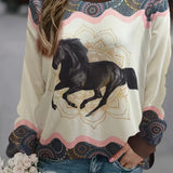 Horse Head Print Pullover Sweatshirt, Casual Long Sleeve Crew Neck Sweatshirt For Fall & Winter, Women's Clothing