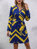 Geo Print Notched Neck Dress, Elegant Long Sleeve Above Knee Dress, Women's Clothing