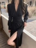 Solid V-neck Split Ruched Dress, Elegant Long Sleeve Dress For Spring & Fall, Women's Clothing