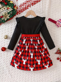 Girls Splicing Flutter Trim Long Sleeve Gingerbread Man Graphic Dress Kids Clothes Spring Fall Christmas Gift