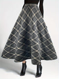 deanwangkt-1 Plaid Print High Waist Tweed Skirt, Elegant Warm Flared Midi Skirt For Fall & Winter, Women's Clothing