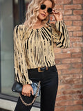 Striped Print Lantern Sleeve Blouse, Casual Crew Neck Blouse For Spring & Fall, Women's Clothing