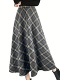 deanwangkt-1 Plaid Print High Waist Tweed Skirt, Elegant Warm Flared Midi Skirt For Fall & Winter, Women's Clothing