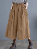 Solid Cropped Wide Leg Pants, Casual Corduroy Pants With Pocket, Women's Clothing