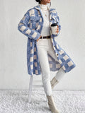 Long Sleeve Elegant Plaid Pattern Button Front Teddy Coat for Fall & Winter, Women's Mid-length Warm Outerwear