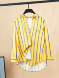 Striped Print Button Front Shirt, Casual Long Sleeve Hem Arc Collar Shirt, Women's Clothing