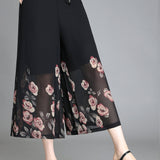 Floral Pattern Chiffon Cropped Wide Leg Pants, Casual Belted Pants For Spring & Fall, Women's Clothing