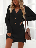 deanwangkt-1  Button Front Sweater Dress, Casual V Neck Long Sleeve Midi Dress, Women's Clothing