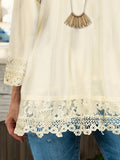 Plus Size Casual Blouse, Women's Plus Solid Contrast Lace Trim Half Sleeve Round Neck Slight Stretch Top