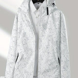 Leaf Print Outdoor Jacket With Removable Hood, Women's Windproof & Rainproof Jacket, Women's Outdoor Clothing