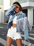 Fringe Patchwork Decor Denim Jacket, Long Sleeves Single Breasted Button Lapel Denim Coat, Women's Denim Clothing