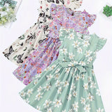 3pcs Little Princess Butterfly Floral Ruffle Trim Dresses - Adorable Belted Casual Summer Dresses for Girls - Polyester Non-Stretch Fabric, A-Line Fit, Perfect for Holiday Gift Party