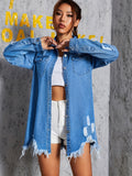 deanwangkt-1  Blue Ripped Holes Denim Jackets, Frayed Hem Long Sleeves Non-Stretch Casual Denim Coats, Women's Denim Clothing