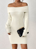 deanwangkt-1  Solid Off-shoulder Knit Dress, Elegant Long Sleeve Dress For Fall & Winter, Women's Clothing