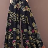 Plus Size Elegant Pants, Women's Plus Floral Print Drawstring Elastic Wide Leg Pants