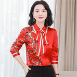 Women's Designer Floral Printed Shirt With Neck Bow Plus Size Elegant Long Sleeve Office Ladies Runway Silk Button Shirts Sweet Girl Chic Satin Blouses Red Tops