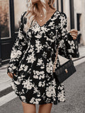 Floral Print Mini Dress, Elegant V Neck Flared Sleeve Dress, Women's Clothing