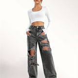 Ripped Straight Leg Loose Fit Jeans, High Rise Wide Legs Distressed Denim Pants, Women's Denim Jeans & Clothing