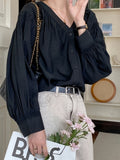 Solid V Neck Button Front Blouse, Casual Long Sleeve Blouse For Spring & Fall, Women's Clothing