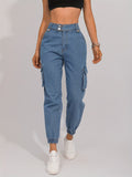 Flap Pocket Double Side Bottons Cargo Jeans, Wash Blue Street Jogger Jeans, Women's Denim Jeans & Clothing