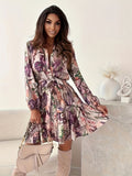 Floral Print Ruffle Hem Dress, Casual Button Front Long Sleeve Dress, Women's Clothing