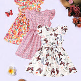 3pcs Little Princess Butterfly Floral Ruffle Trim Dresses - Adorable Belted Casual Summer Dresses for Girls - Polyester Non-Stretch Fabric, A-Line Fit, Perfect for Holiday Gift Party