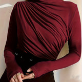 Long Sleeve Ruched T-Shirt, Elegant Solid Top For Fall & Spring, Women's Clothing