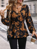 Floral Print V Neck Blouse, Casual Lantern Sleeve Tie-waist Button Decor Blouse, Women's Clothing