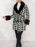 Houndstooth Faux-Fur Trim Outwear, Elegant Double Breasted Long Sleeve Belted Coat For Winter, Women's Clothing