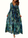 Leaf Print Long Sleeve Dress, Boho Plunge Neck Maxi Length Dress, Women's Clothing