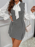 Houndstooth Print Tie Neck Dress, Elegant Long Sleeve Bodycon Dress, Women's Clothing