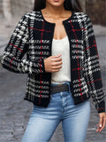 Plaid Open Front Jacket, Casual Contrast Trim Jacket For Spring & Fall, Women's Clothing