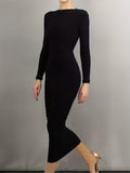 Split Solid Bodycon Dress, Casual Crew Neck Long Sleeve Midi Dress, Women's Clothing