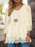 Plus Size Casual Blouse, Women's Plus Solid Contrast Lace Trim Half Sleeve Round Neck Slight Stretch Top